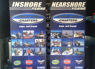 Crystal Coast Graphics designed and produced these standup banners for Fish’n 4 Life fishing charters.
